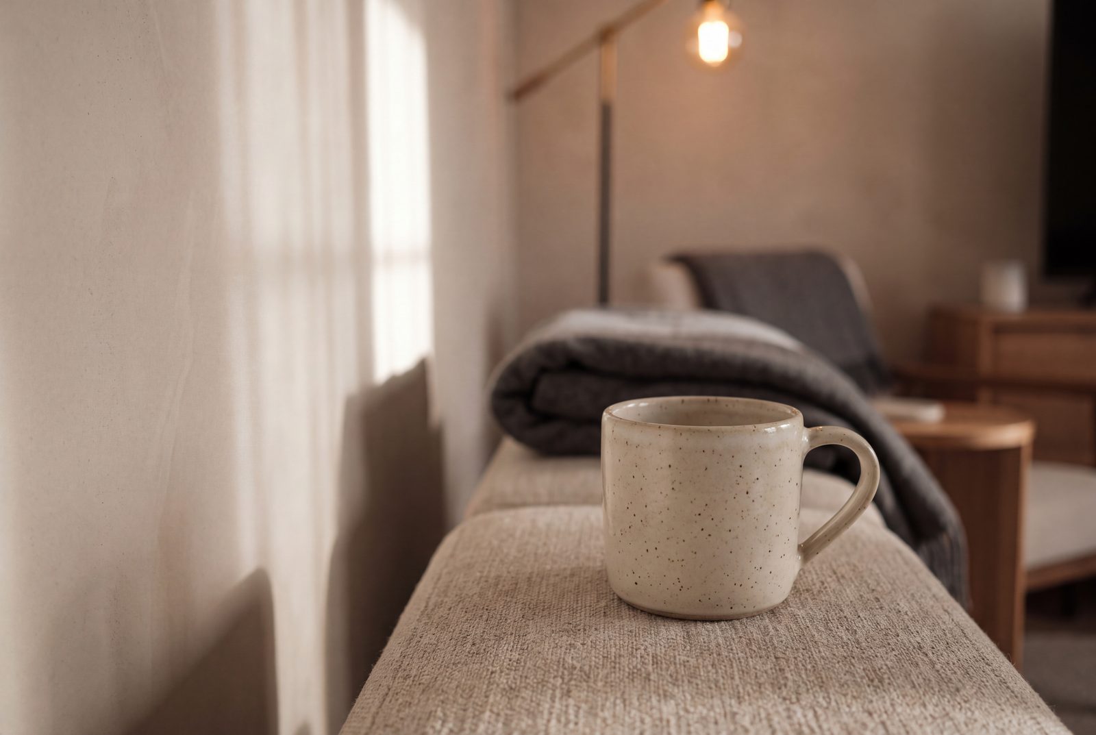 Illustrative still, not a job photo: a speckled stoneware mug on a linen bench seat by a sunlit window, a floor lamp glowing behind