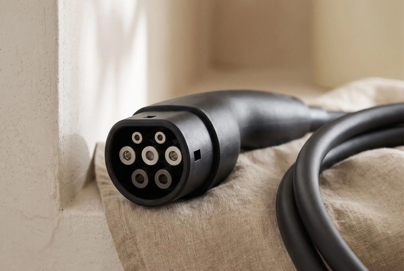 Product still: an EV charging plug resting on linen