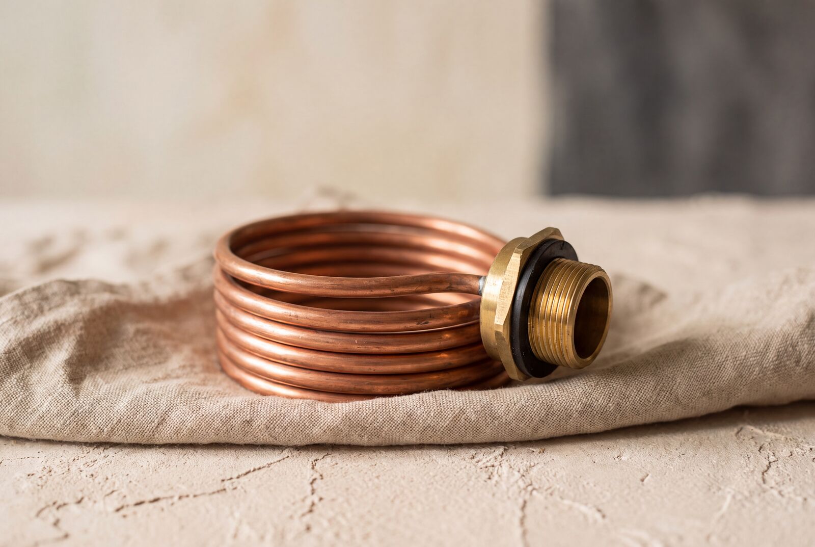 Product still: a copper heating coil on linen
