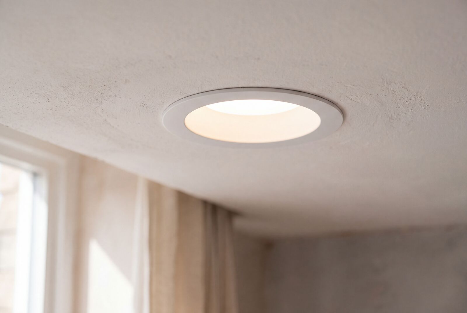 Product still: a recessed brass downlight glowing in a linen wall