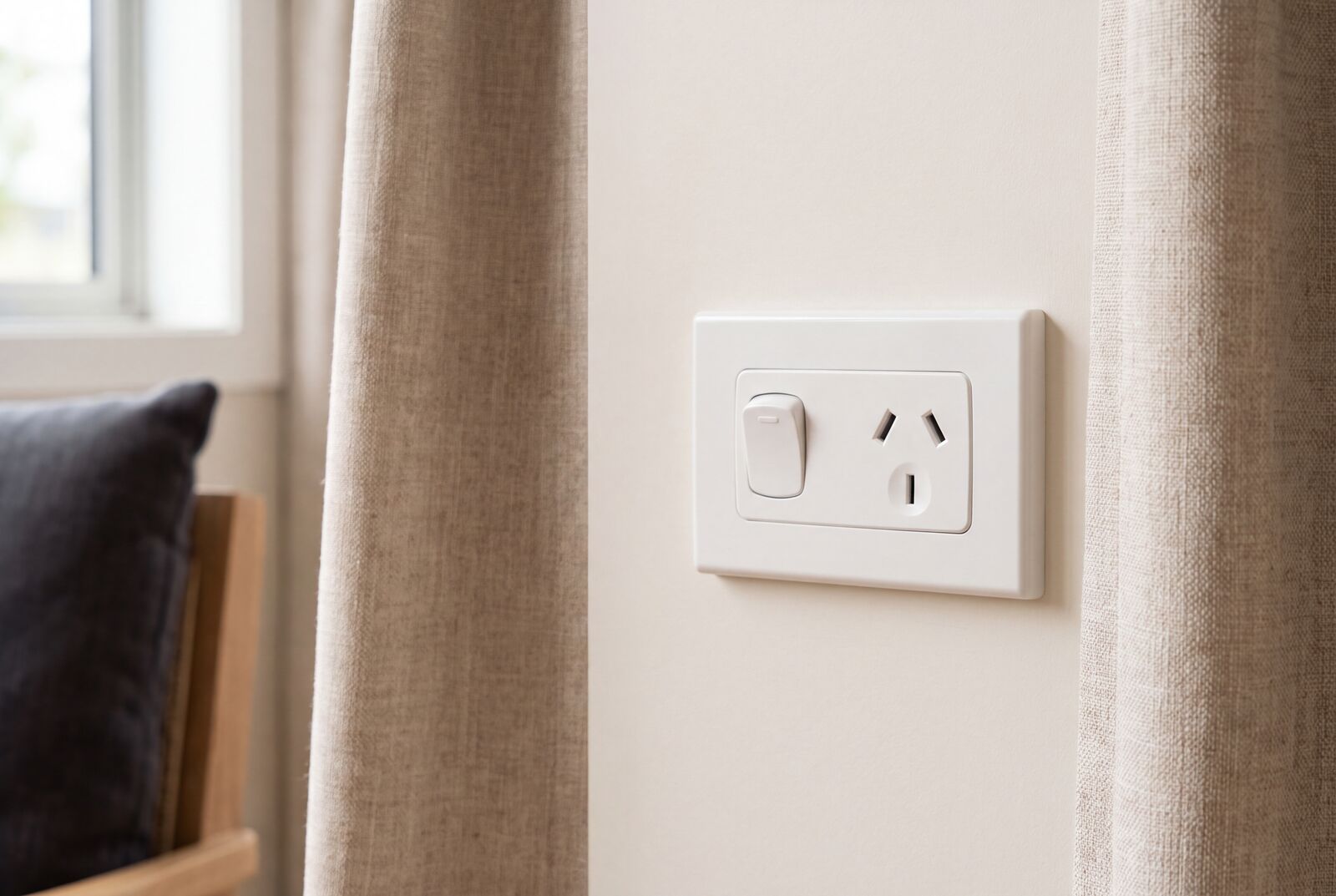 Product still: a New Zealand power outlet and switch plate on linen